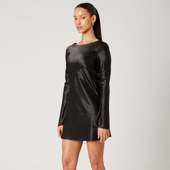88$ NIA KIM Satin Open-Back Mini Party Dress Long Sleeves Women's Size L Black - Picture 3 of 5
